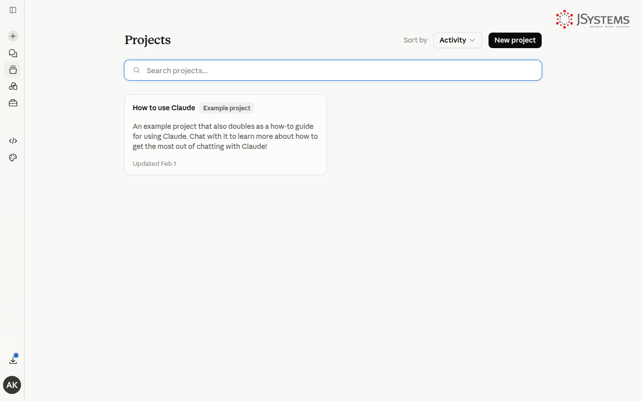 Claude.ai — strona Projekty z przyciskiem Nowy projekt