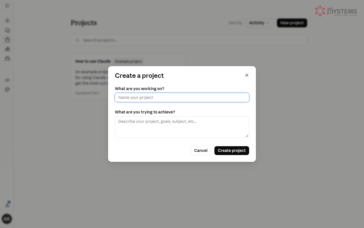 Dialog tworzenia nowego projektu w Claude — pola Name i Description