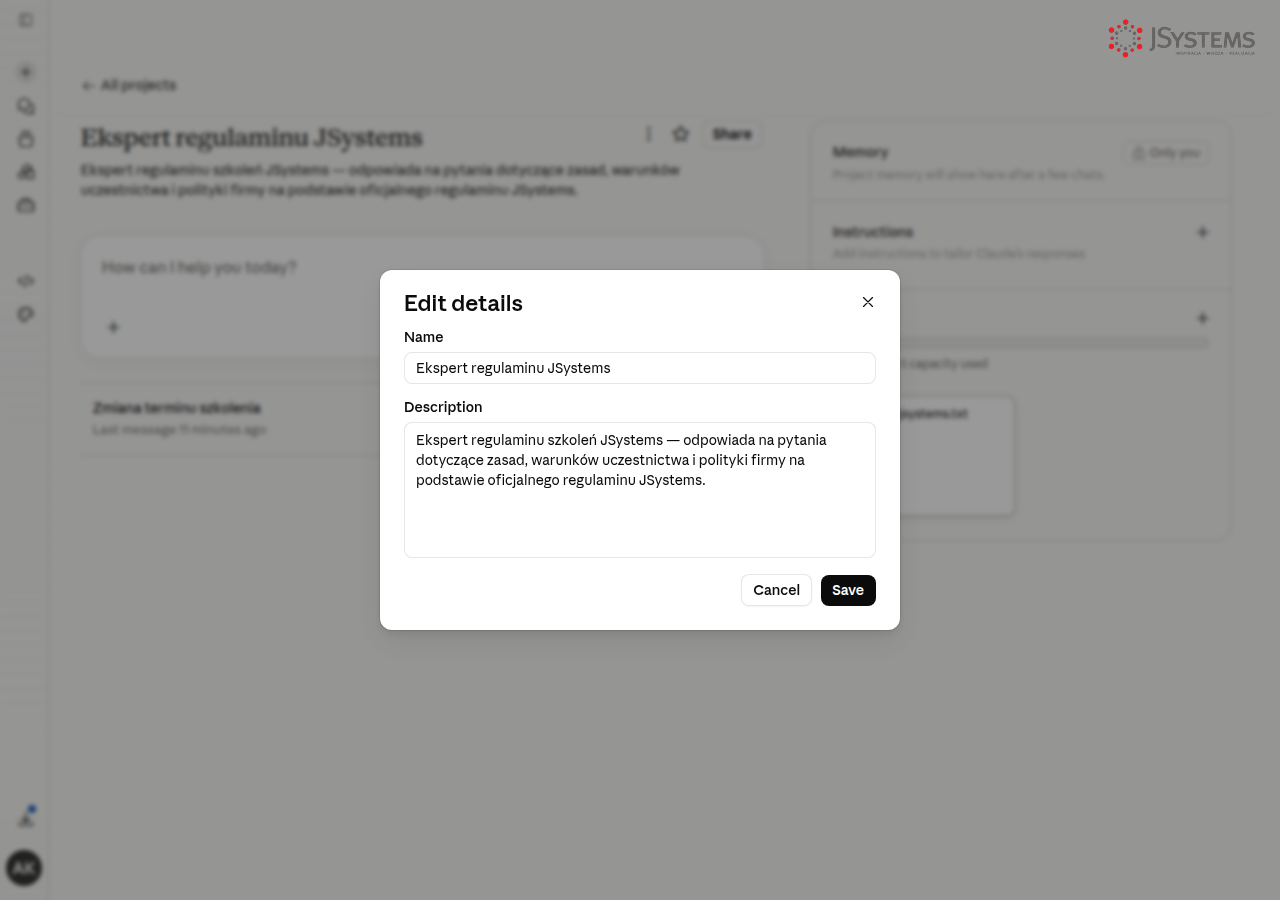 Dialog edycji projektu Claude — pola Name i Description