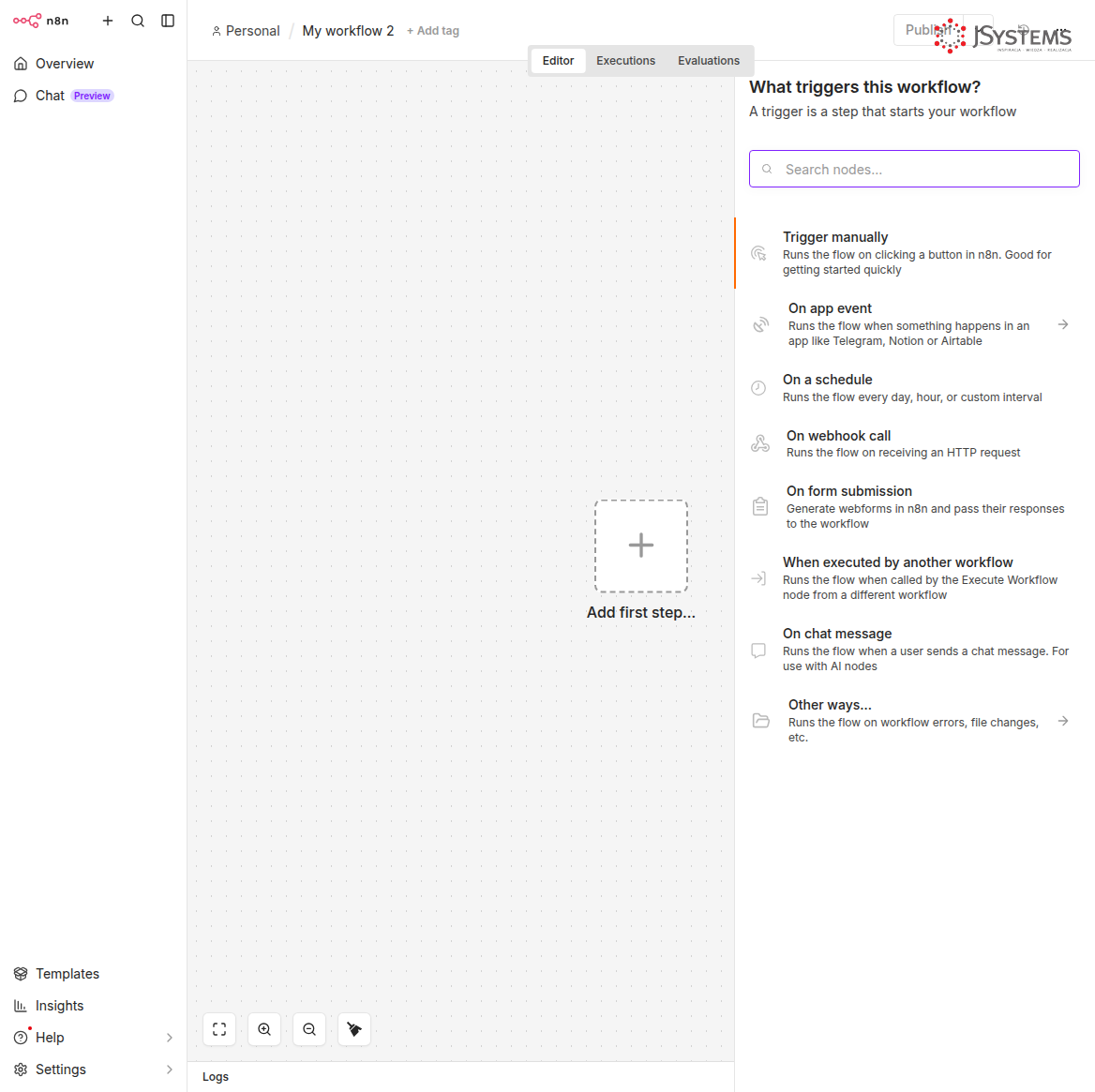 Panel wyboru wyzwalacza w n8n — lista triggerów z widoczną opcją On chat message