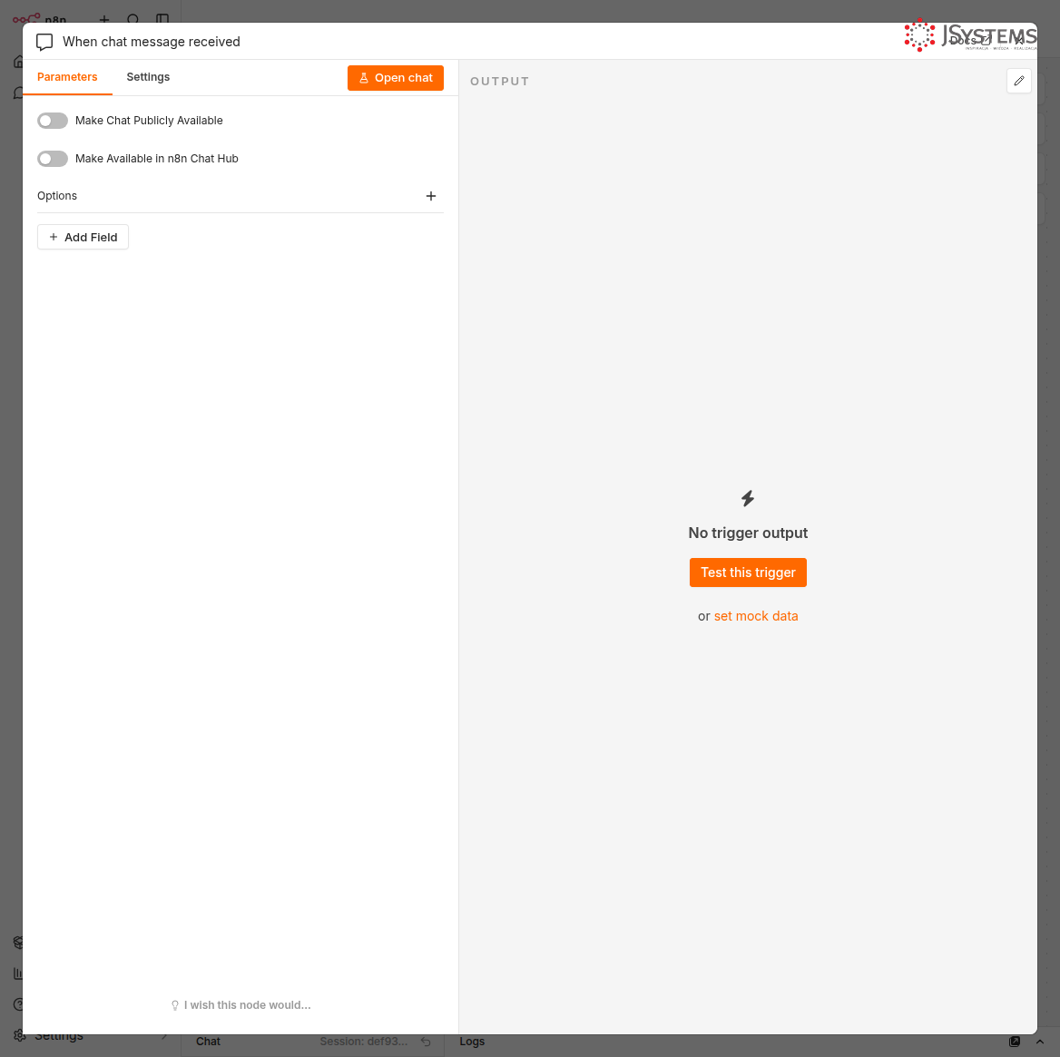 Panel konfiguracji węzła Chat Trigger — zakładki Parameters i Settings, przycisk Open chat