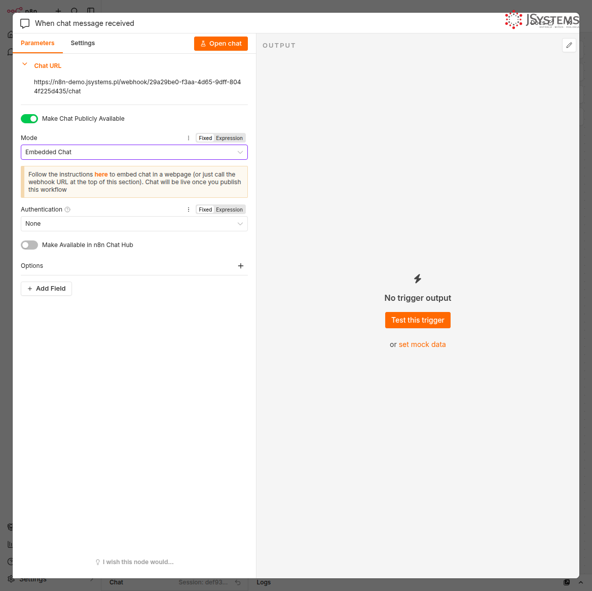 Konfiguracja węzła Chat Trigger w n8n — tryb Embedded Chat z sekcją Allowed Origins