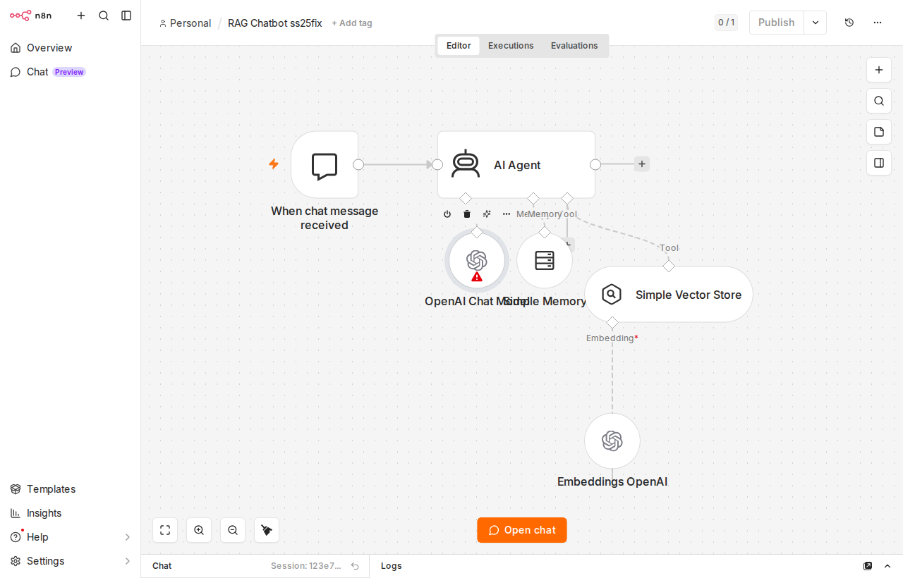 Workflow n8n nieaktywny — przycisk Publish w górnym prawym rogu