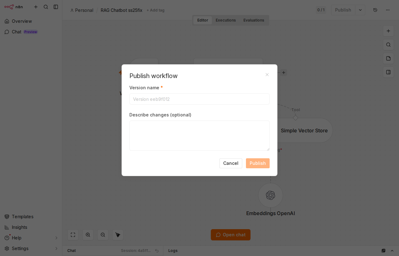 Dialog potwierdzenia publikacji workflow w n8n