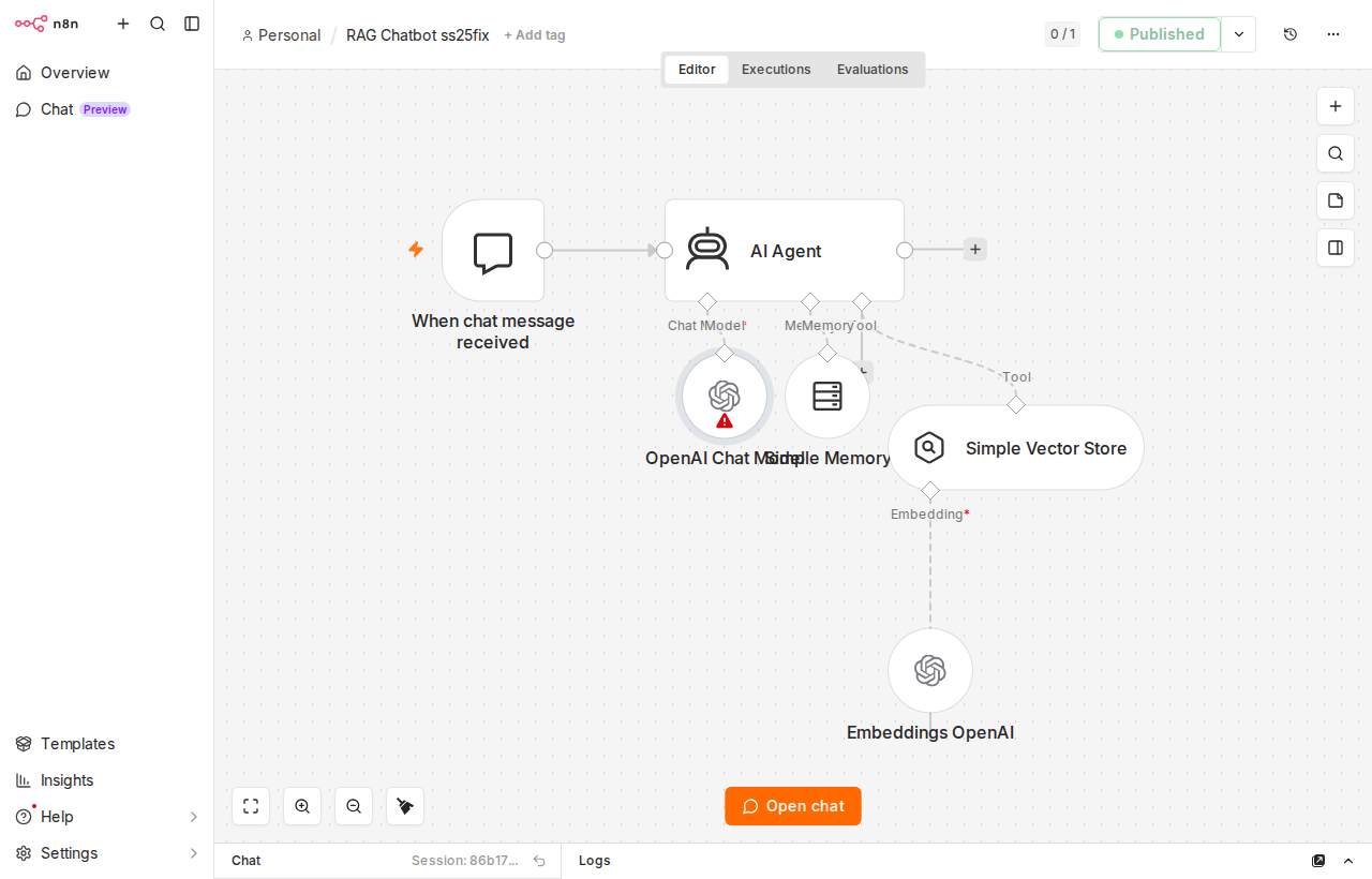 Workflow n8n aktywny — zielona kropka przy nazwie