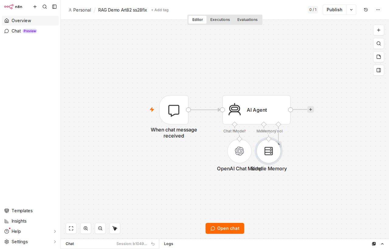 Canvas n8n na początku Kroku 4 — AI Agent z OpenAI Chat Model i Simple Memory, złącze Tool puste