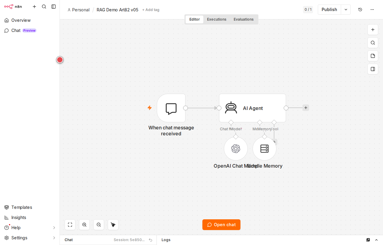Workflow n8n: Chat Trigger połączony z węzłem AI Agent i Simple Memory