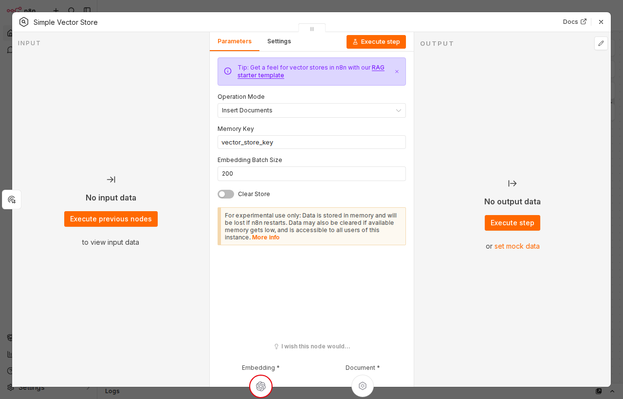 Panel konfiguracji Simple Vector Store — Operation Mode ustawiony na 'Insert Documents', Memory Key: vector_store_key