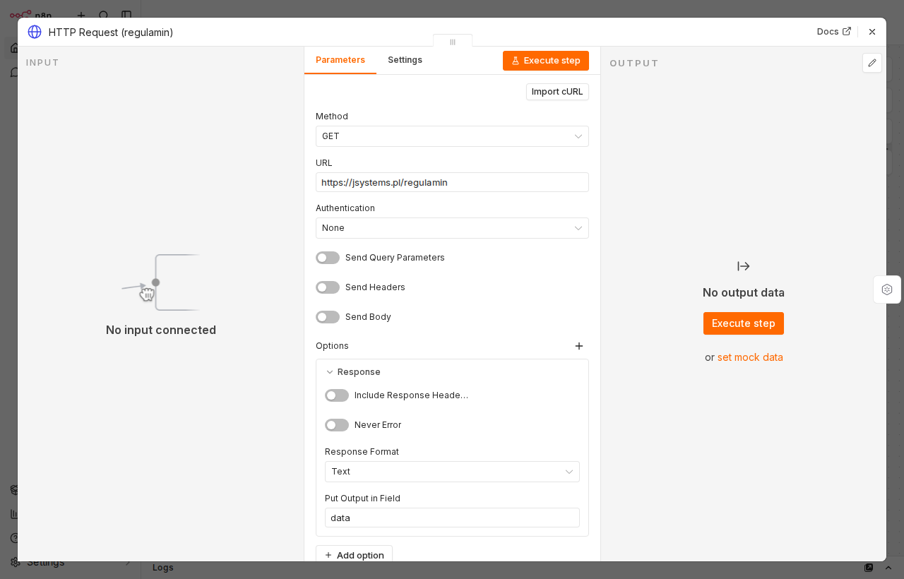 Panel konfiguracji węzła HTTP Request — URL ustawiony na https://jsystems.pl/regulamin, Response Format: Text