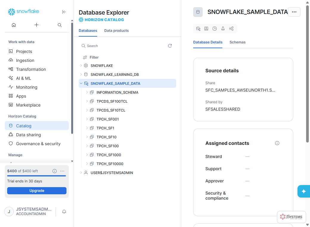 Eksplorator baz danych w Snowflake z rozwiniętym zbiorem przykładowym SNOWFLAKE_SAMPLE_DATA i szczegółami źródła danych udostępnionego przez Snowflake