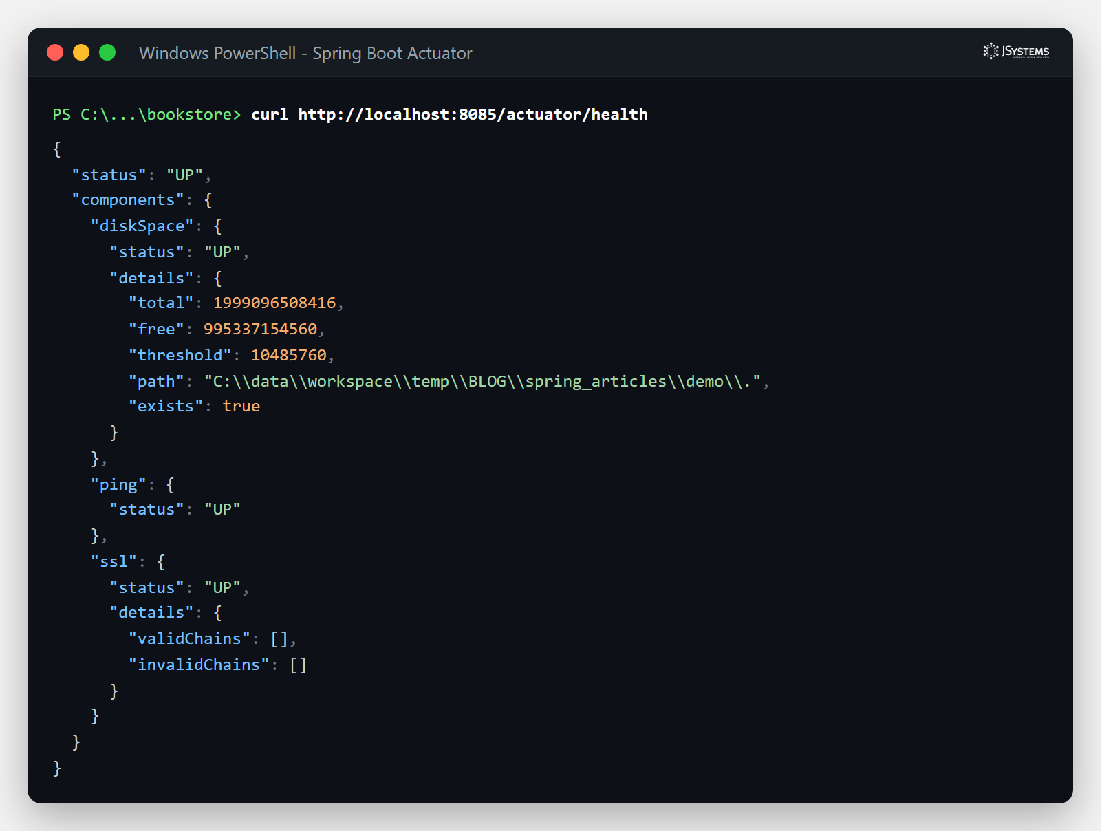 Zrzut terminala z odpowiedzią adresu health Spring Boot Actuator: status UP oraz szczegóły składowych diskSpace, ping i ssl w formacie JSON