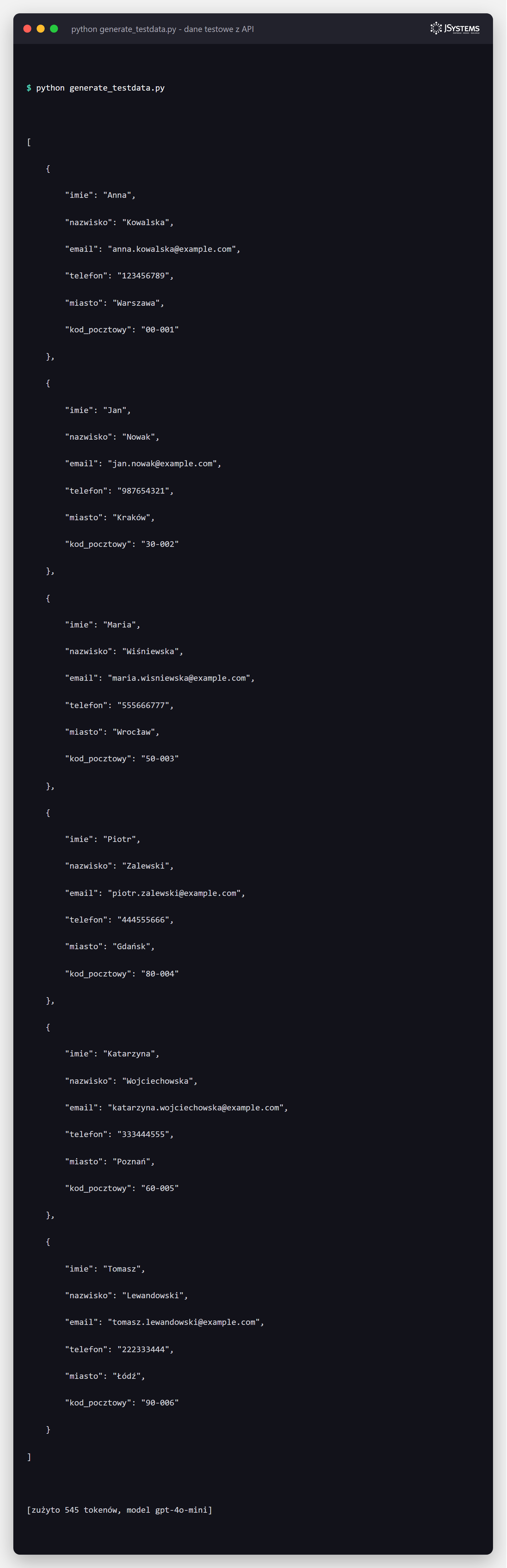 Terminal z wynikiem skryptu w Pythonie generującego dane testowe klientów w formacie JSON przez API modelu językowego
