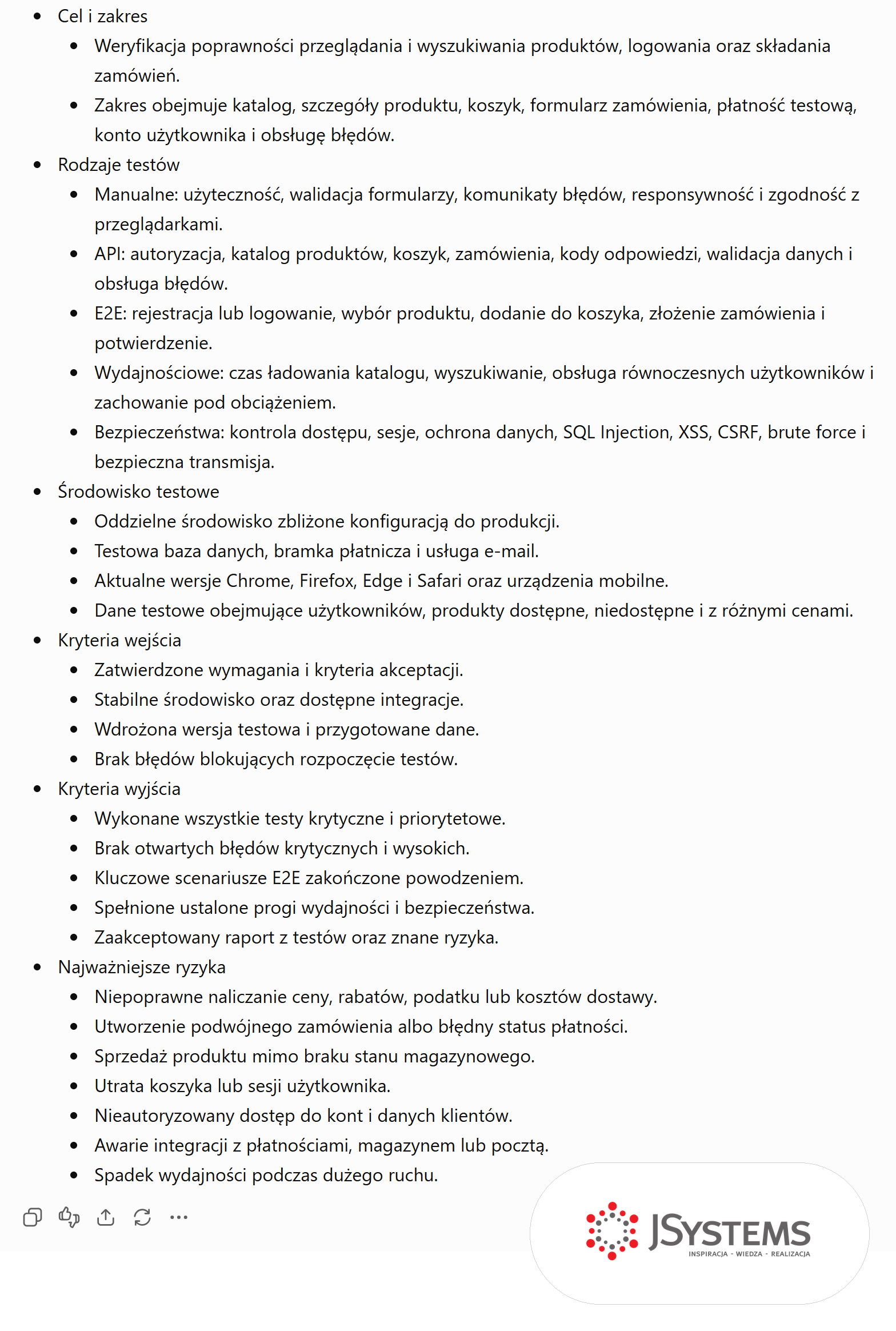 Plan testów aplikacji Sklepik wygenerowany przez ChatGPT: cel i zakres, rodzaje testów, środowisko, kryteria wejścia i wyjścia oraz ryzyka