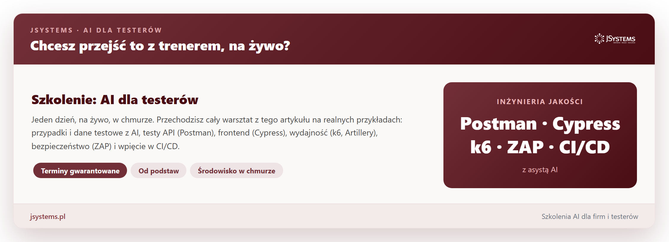 Baner szkolenia AI dla testerów JSystems z terminami gwarantowanymi