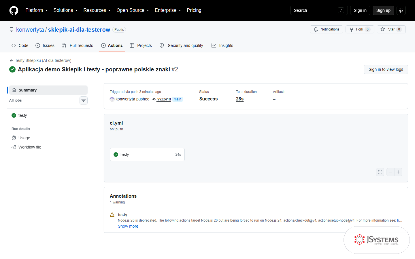 Zrzut GitHub Actions z udanym przebiegiem potoku CI dla repozytorium Sklepik: status Success, zadanie testy zaliczone