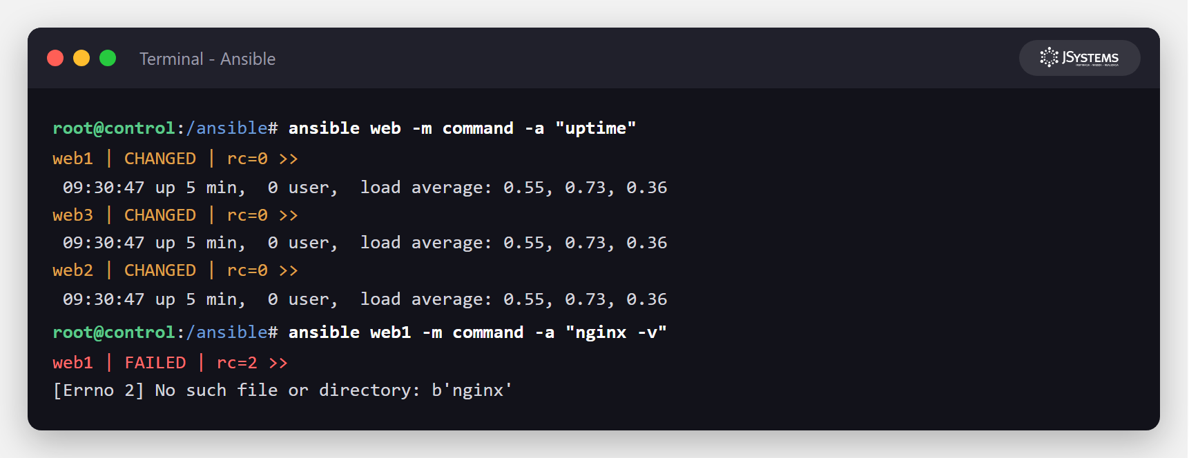Zrzut terminala z poleceniami ad-hoc Ansible: uptime na serwerach web oraz nieudane nginx -v przed instalacją