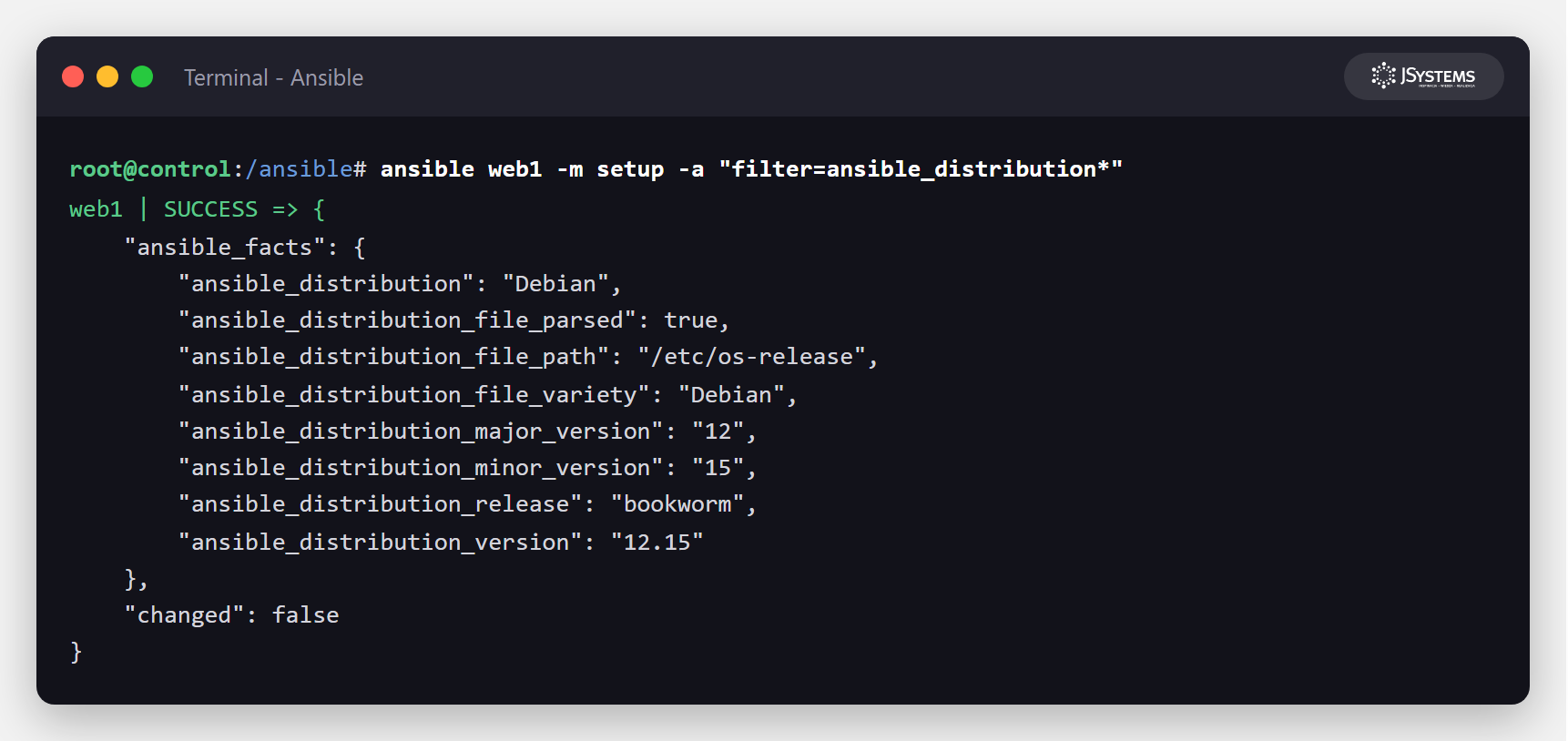 Zrzut terminala z faktami Ansible o hoście web1: dystrybucja Debian w wersji 12