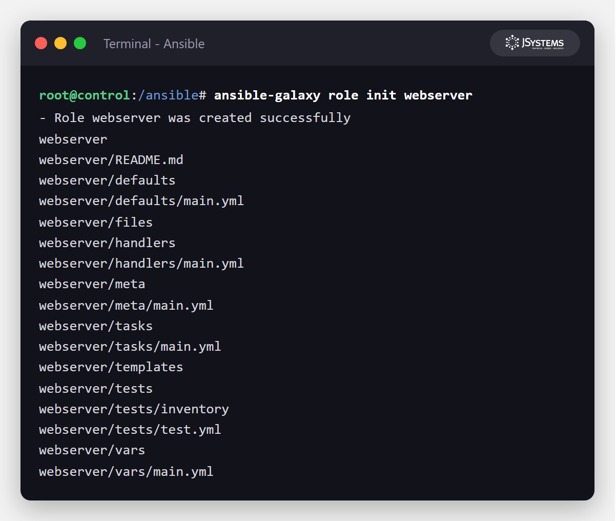 Zrzut terminala z poleceniem ansible-galaxy role init webserver i wygenerowaną strukturą katalogów roli: tasks, handlers, templates, files, defaults, vars, meta oraz tests