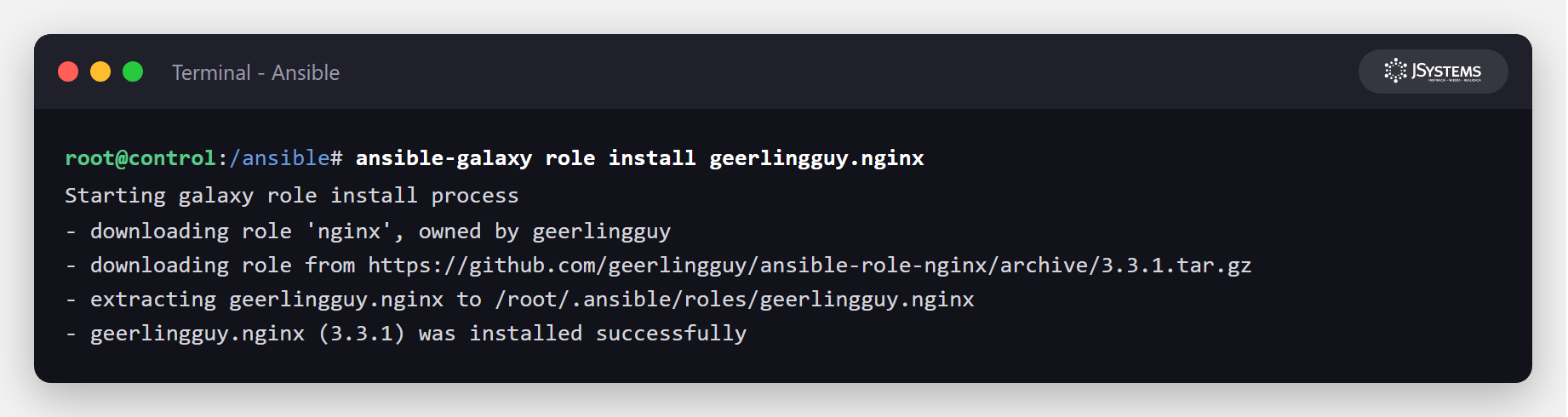 Zrzut terminala z pobraniem roli geerlingguy.nginx z Ansible Galaxy - rola ściągnięta z GitHuba i rozpakowana do katalogu ~/.ansible/roles