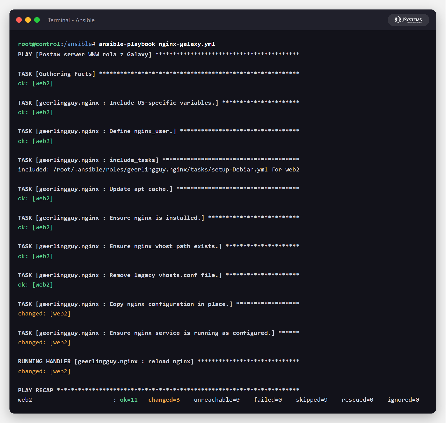 Zrzut terminala z uruchomieniem playbooka wykorzystującego rolę geerlingguy.nginx - Ansible instaluje i konfiguruje nginx, PLAY RECAP pokazuje ok=11 changed=3 failed=0