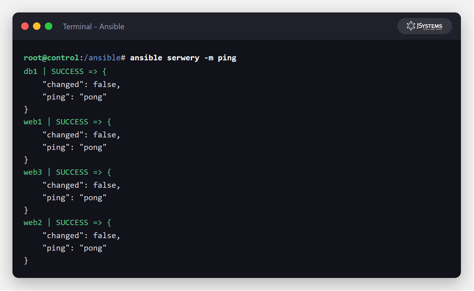 Zrzut terminala z wynikiem ansible -m ping: wszystkie hosty odpowiadają SUCCESS i pong