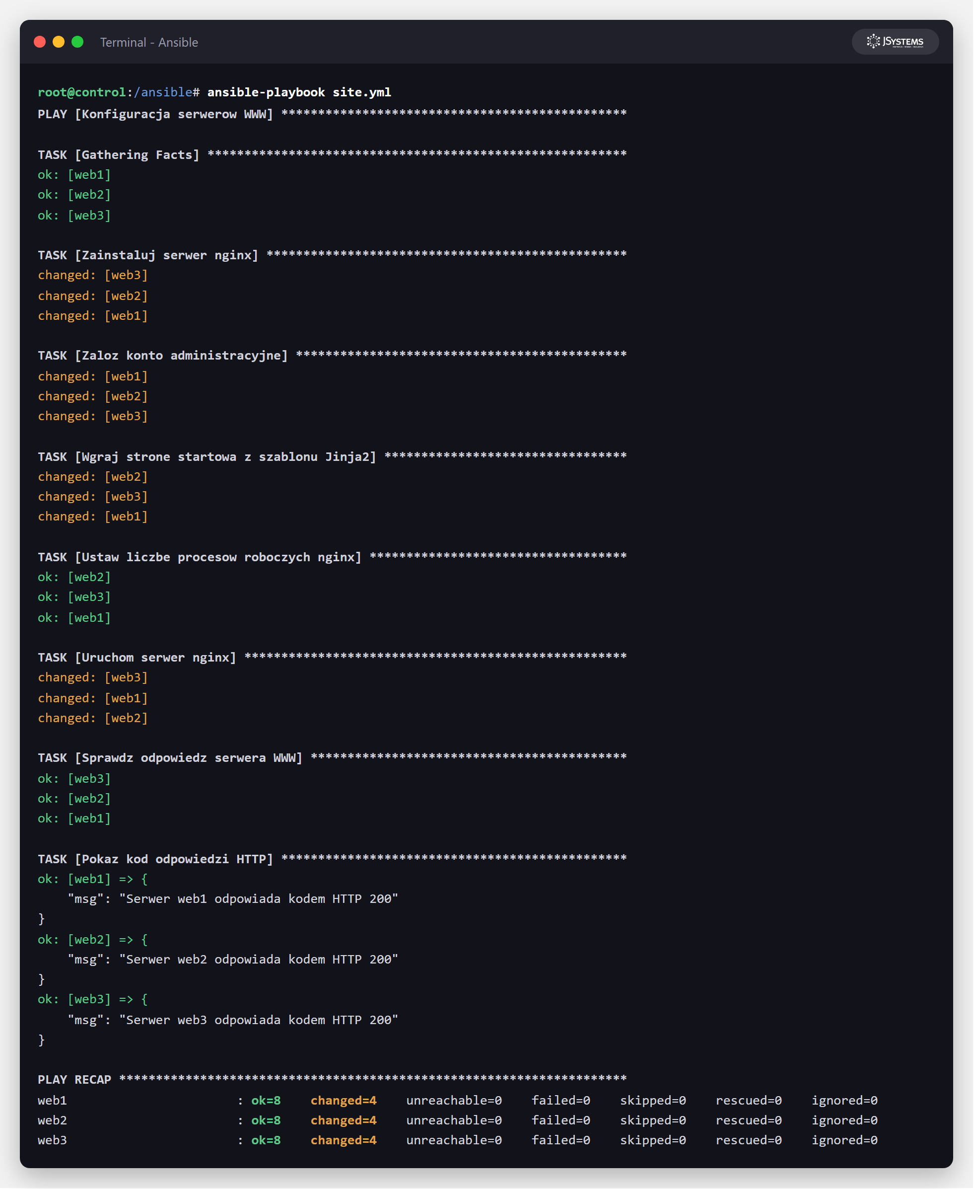 Zrzut terminala z pierwszym uruchomieniem playbooka Ansible: zadania changed, PLAY RECAP z changed=4 na trzech serwerach