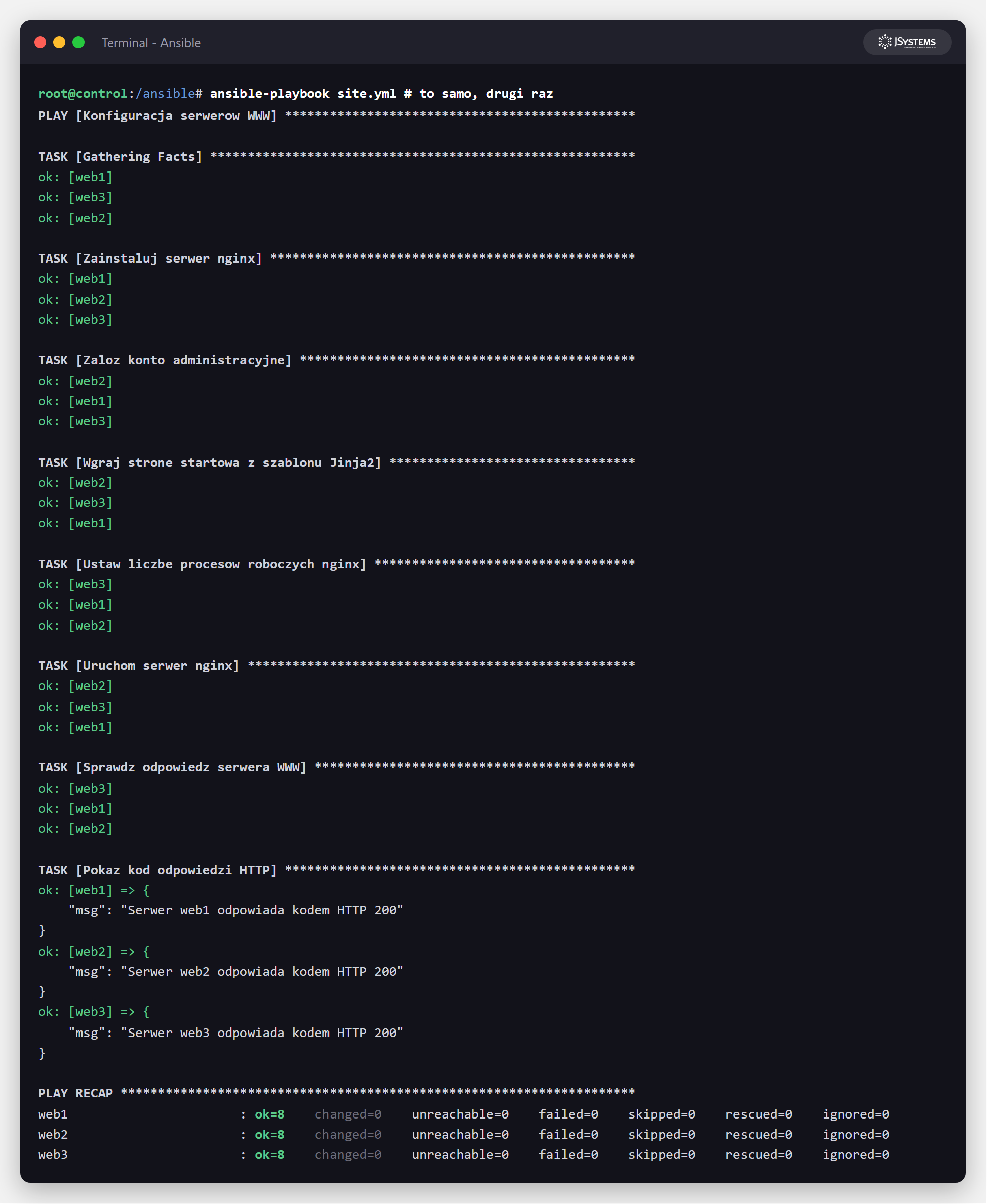 Zrzut terminala z drugim uruchomieniem playbooka Ansible: wszystkie zadania ok, PLAY RECAP z changed=0