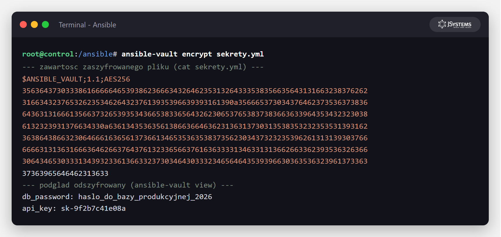Zrzut terminala z ansible-vault encrypt i view: zaszyfrowany plik sekrety.yml jako blok AES256 oraz jego odszyfrowany podgląd z db_password i api_key