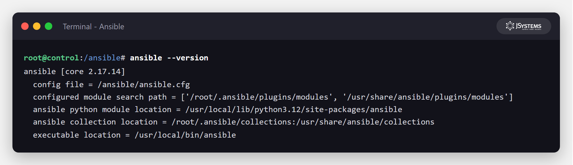 Zrzut terminala z wynikiem polecenia ansible --version pokazujący Ansible core w wersji 2.17