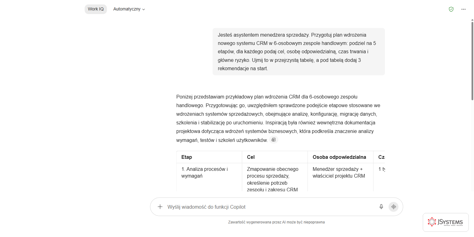 Microsoft 365 Copilot przygotowuje plan wdrożenia systemu CRM w formie tabeli z etapami i osobami odpowiedzialnymi