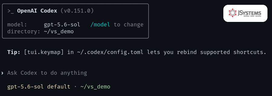 Ekran startowy Codex CLI w terminalu - nagłówek OpenAI Codex z nazwą modelu i katalogiem projektu