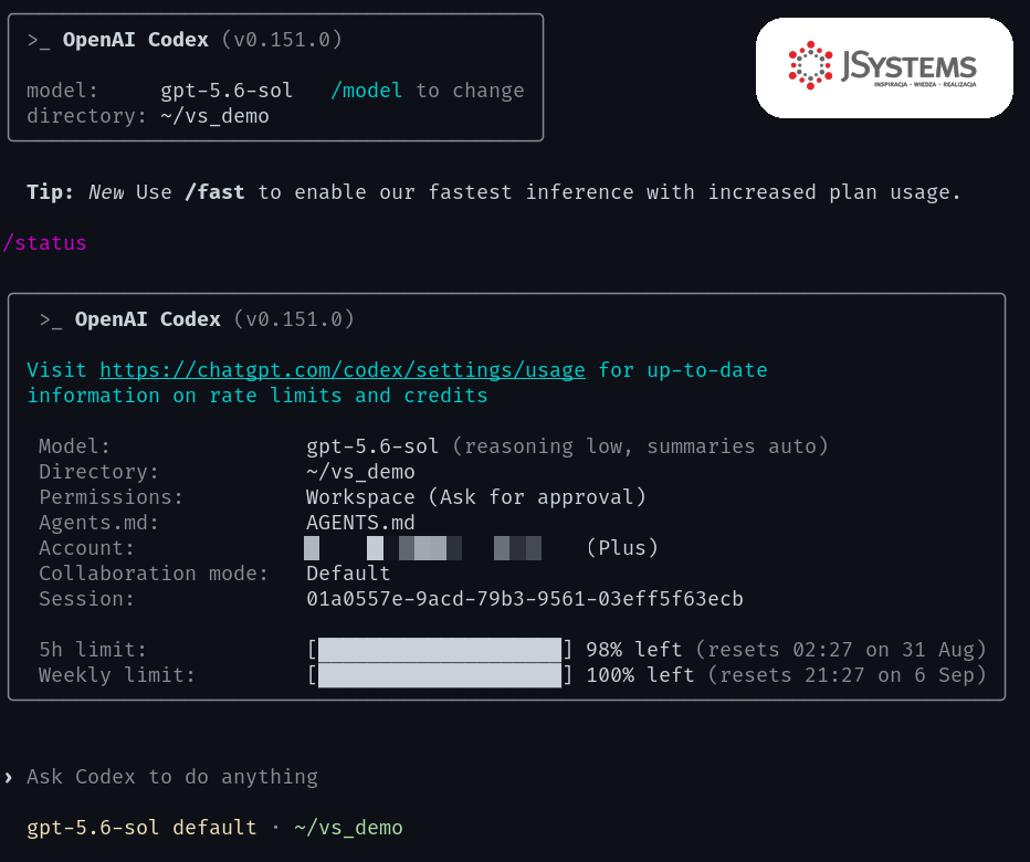 Panel stanu Codex - model gpt-5.6-sol, tryb uprawnień z pytaniem o zgodę, plik AGENTS.md, plan Plus oraz limity pięciogodzinny i tygodniowy