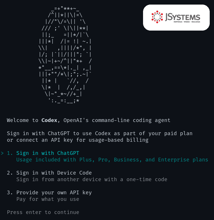Ekran startowy Codex z wyborem sposobu logowania - podswietlona pozycja Sign in with ChatGPT