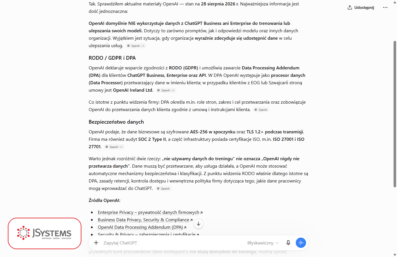 ChatGPT z włączonym wyszukiwaniem internetowym podaje aktualne informacje o ochronie danych w ChatGPT Business: brak trenowania na danych, DPA, szyfrowanie, z linkami do źródeł OpenAI