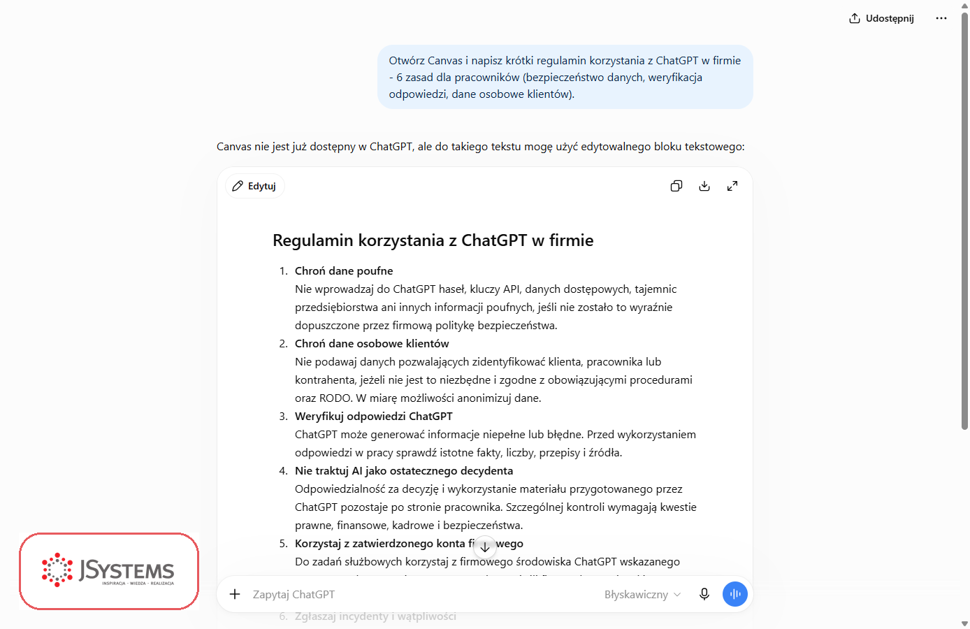 ChatGPT tworzy edytowalny dokument z regulaminem korzystania z ChatGPT w firmie: sześć zasad dla pracowników z paskiem edycji, kopiowania i pobierania