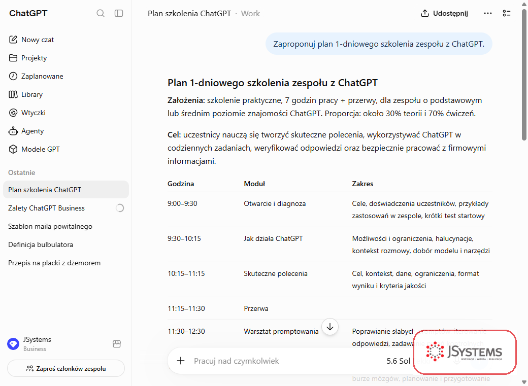 Przestrzeń robocza ChatGPT Business JSystems w użyciu: lista historii rozmów zespołu z tematami biznesowymi i żartobliwymi oraz otwarty plan szkolenia