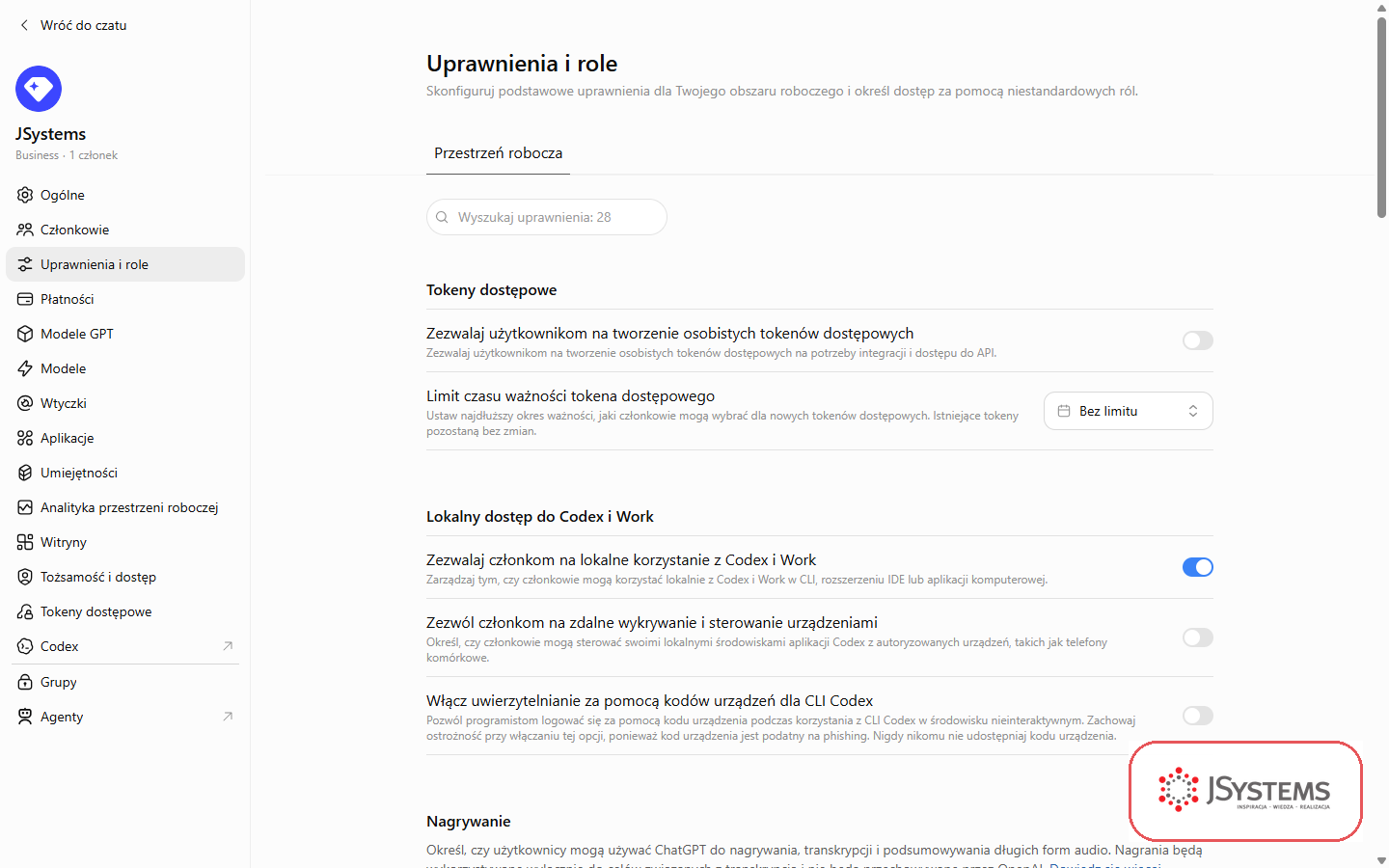 Uprawnienia i role w ChatGPT Business: lista 28 przełączników, w tym tokeny dostępowe i lokalny dostęp do Codex i Work w CLI