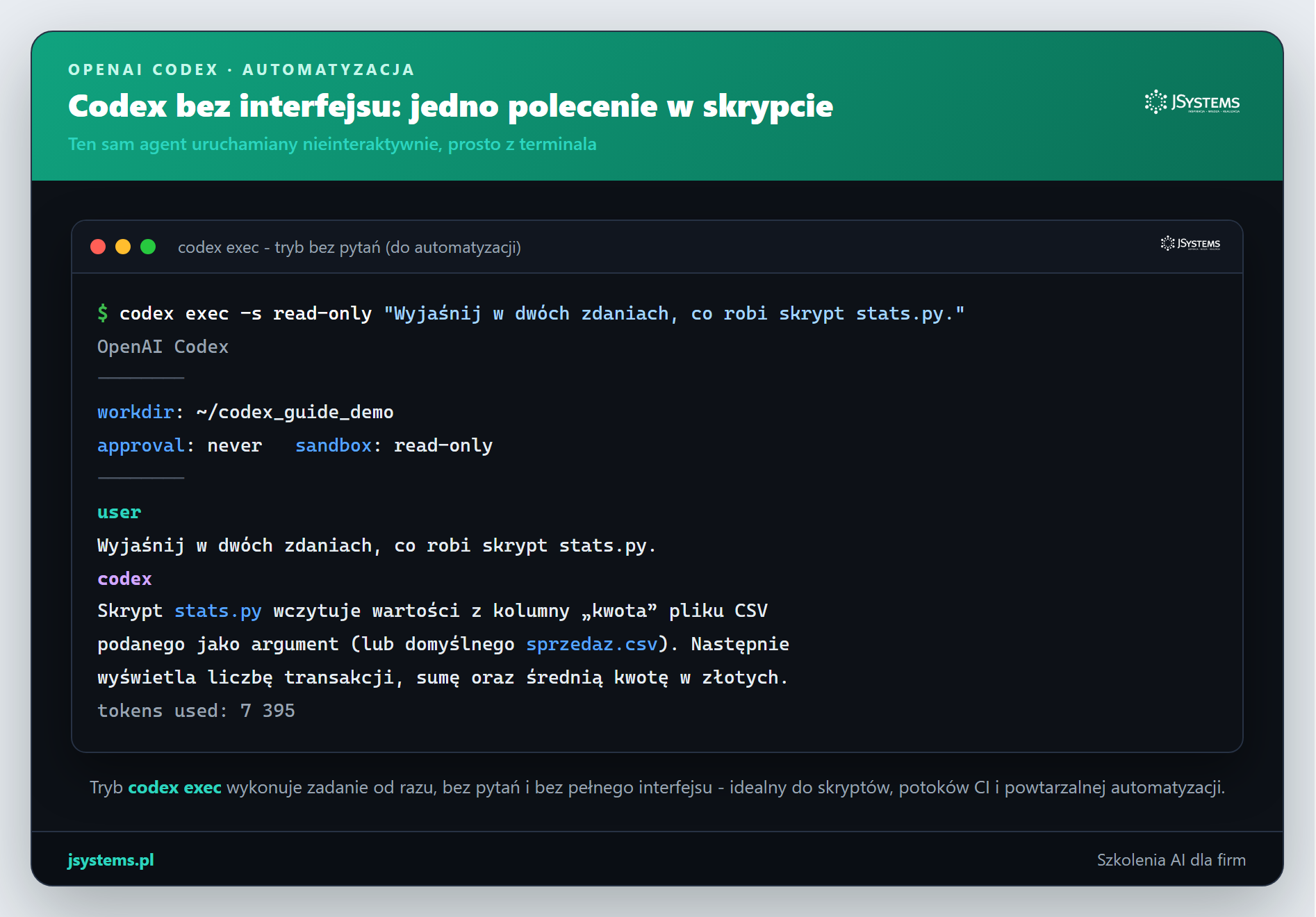 Codex w trybie nieinteraktywnym codex exec: nagłówek z katalogiem roboczym, trybem tylko do odczytu, polecenie użytkownika i zwięzła odpowiedź agenta po polsku
