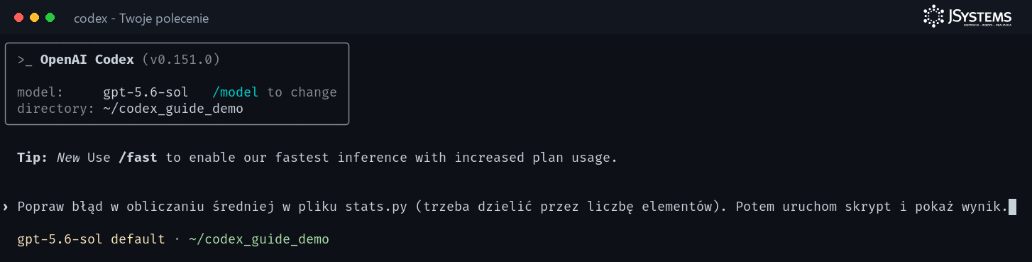 Codex CLI z wpisanym po polsku poleceniem, żeby poprawił błąd w obliczaniu średniej w pliku stats.py, uruchomił skrypt i pokazał wynik