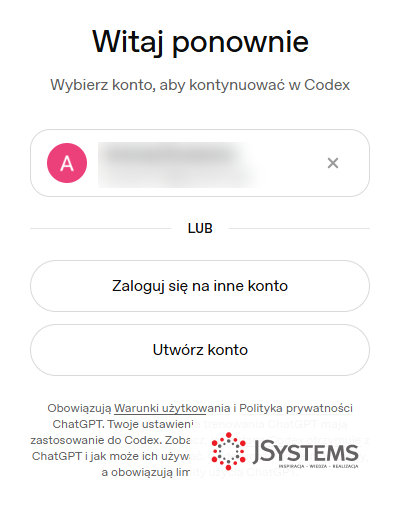 Ekran wyboru konta ChatGPT w trakcie uwierzytelniania Codeksa, dane konta celowo zasłonięte