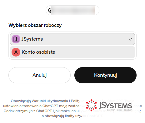 Ekran zgody Sign in to Codex z wyborem obszaru roboczego i przyciskiem Kontynuuj, adres e-mail zasłonięty