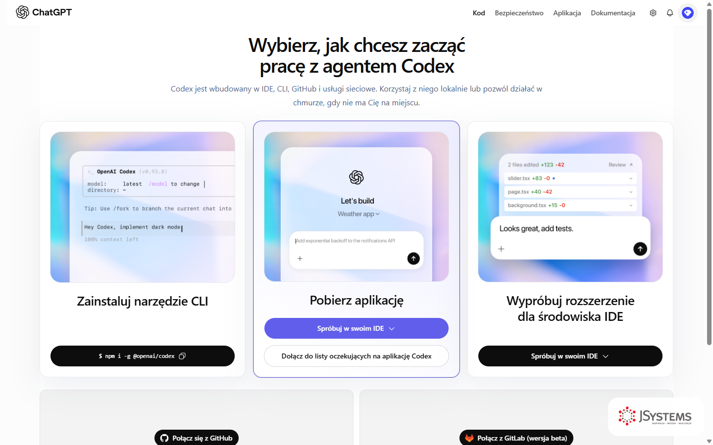 Panel startowy Codex w chmurze w ChatGPT: wybór sposobu pracy - narzędzie CLI, aplikacja, rozszerzenie do edytora oraz podłączenie repozytorium z GitHub