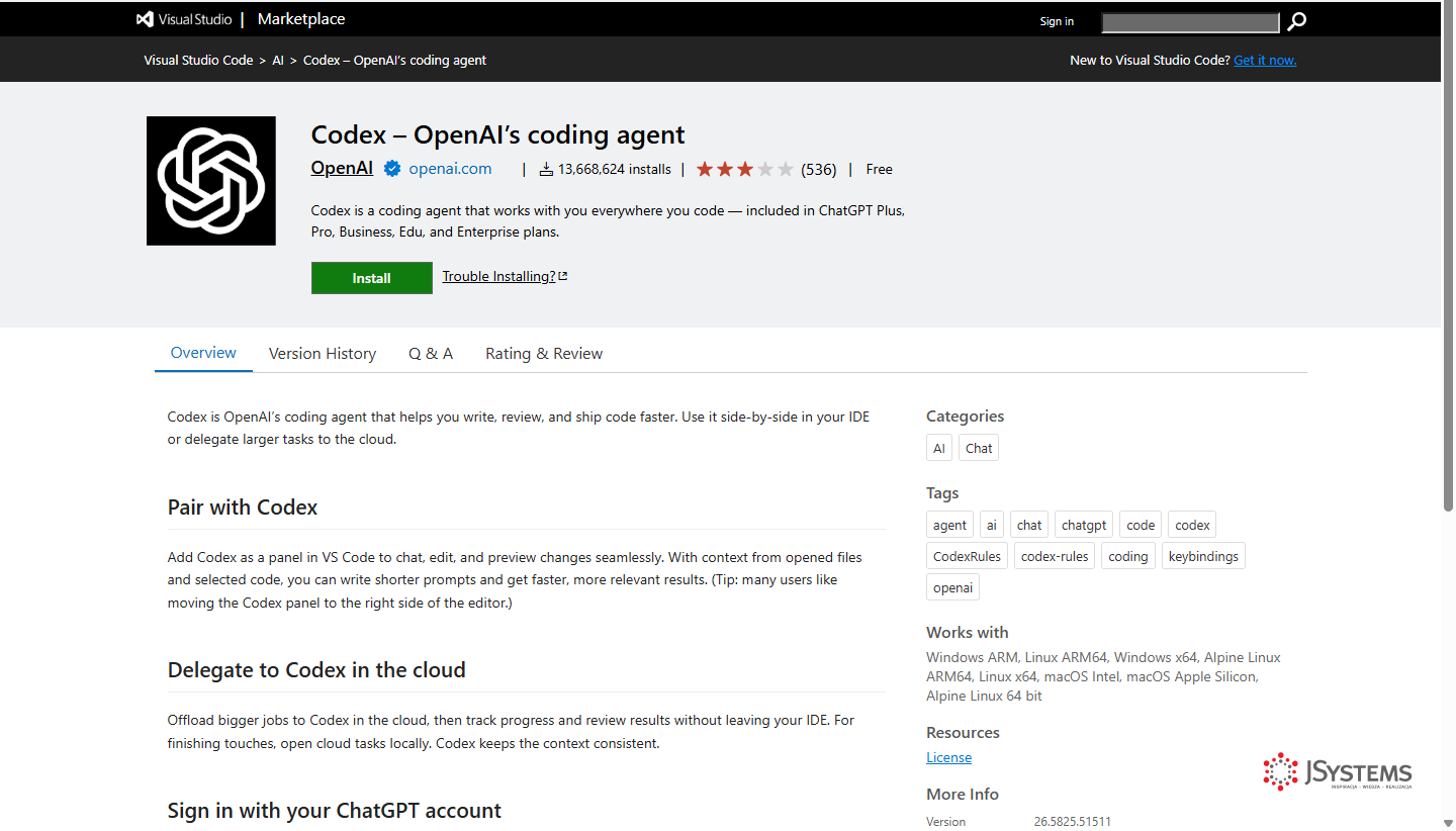 Oficjalne rozszerzenie Codex - OpenAI's coding agent w sklepie Visual Studio Code Marketplace, z liczbą pobrań i przyciskiem Install
