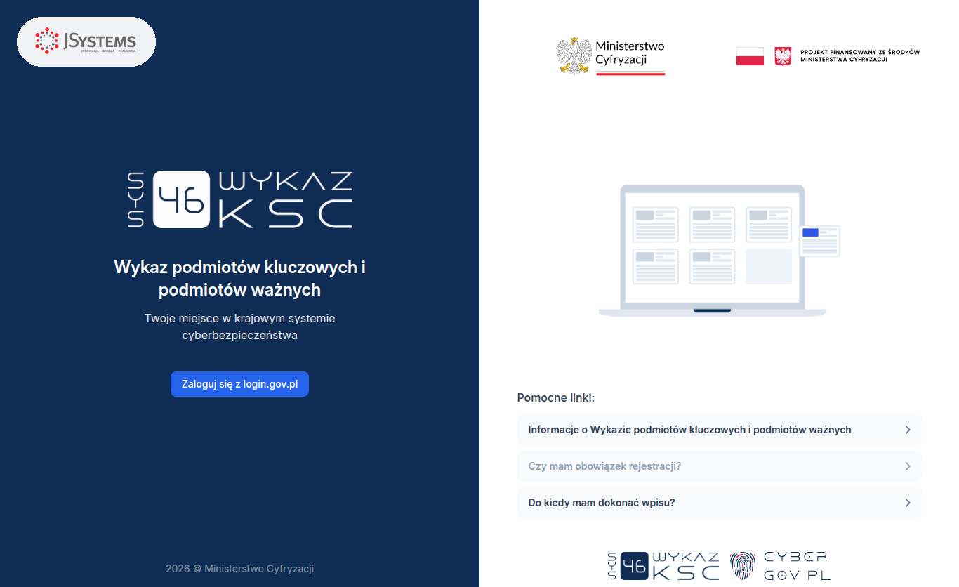 Strona logowania do Wykazu KSC w systemie S46 Ministerstwa Cyfryzacji z przyciskiem Zaloguj się z login.gov.pl