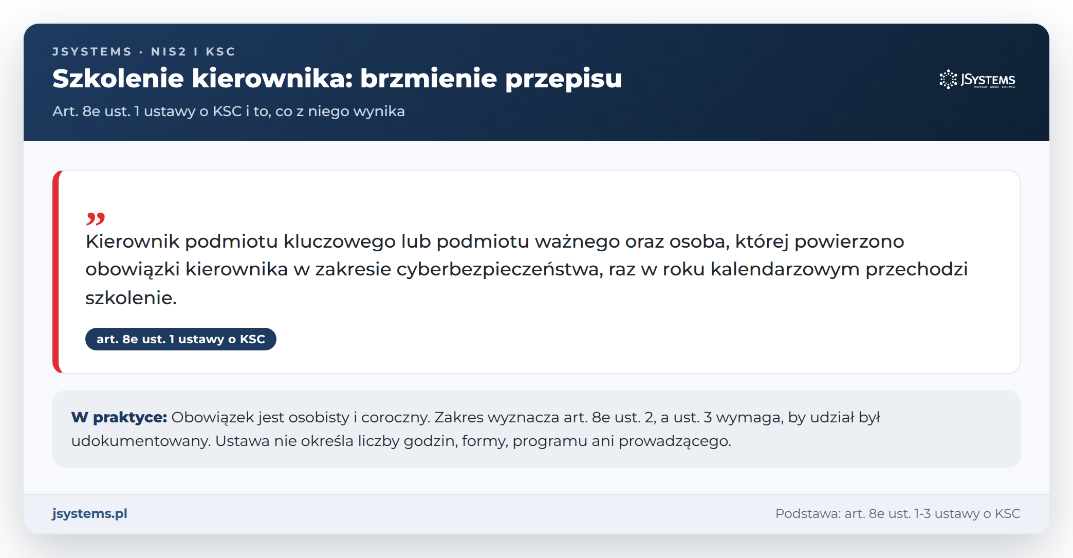 Cytat art. 8e ust. 1 ustawy o KSC o corocznym szkoleniu kierownika podmiotu z omówieniem, co oznacza w praktyce