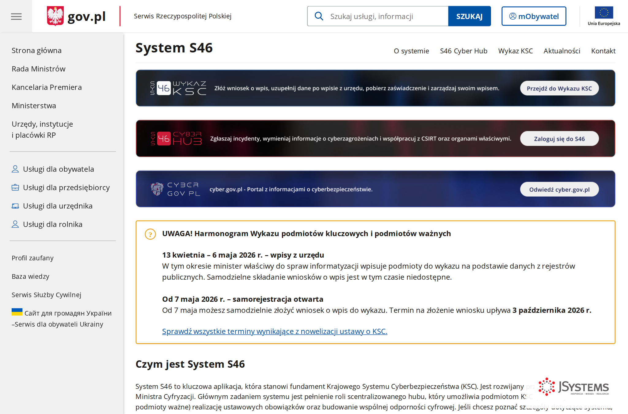 Strona główna serwisu System S46 na gov.pl z przyciskami „Przejdź do Wykazu KSC”, „Zaloguj się do S46” i „Odwiedź cyber.gov.pl”