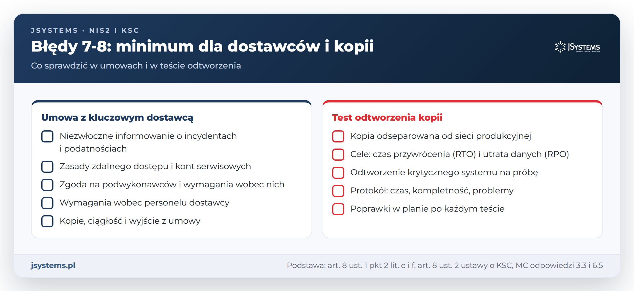 Lista kontrolna KSC: minimum w umowie z kluczowym dostawcą i elementy testu odtworzenia kopii zapasowych