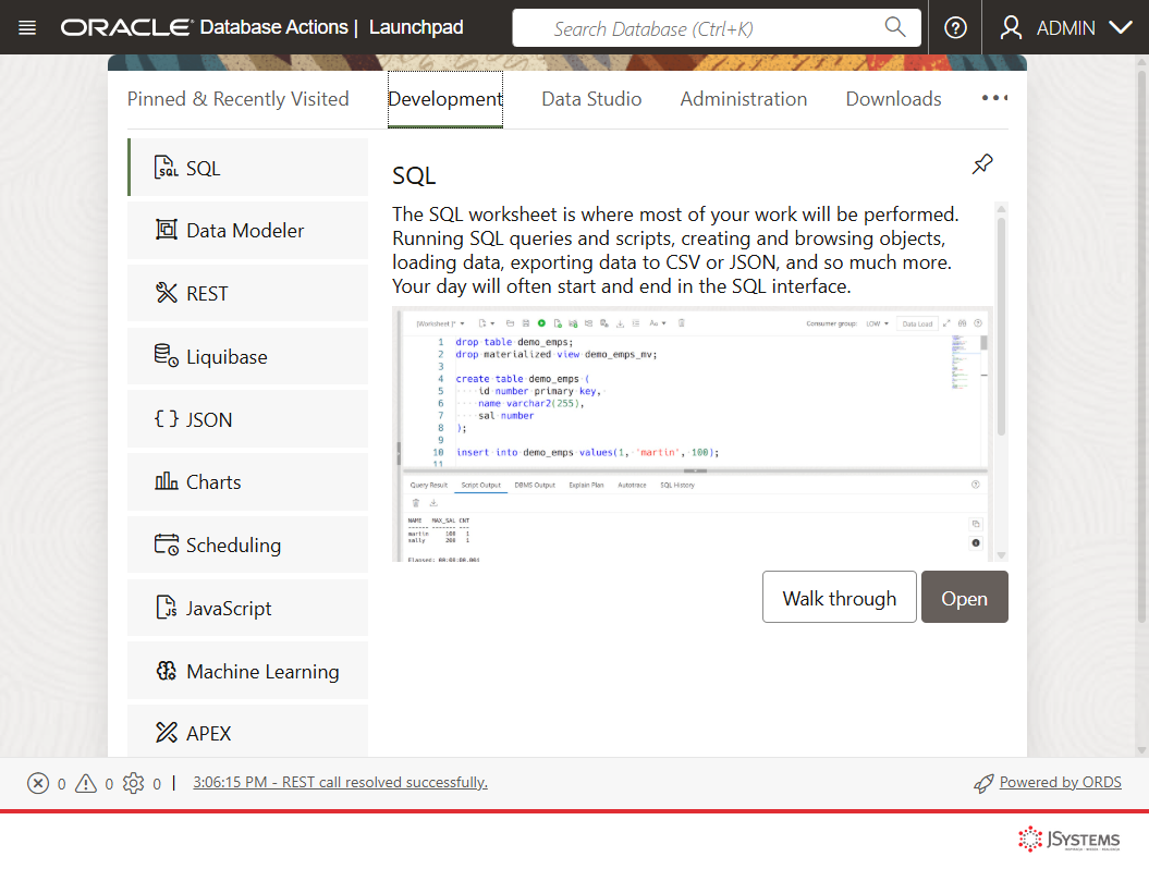 Zrzut ekranu narzędzia Oracle Database Actions z panelem bocznym: SQL, Data Modeler, REST, JSON, Machine Learning, APEX i Graph Studio