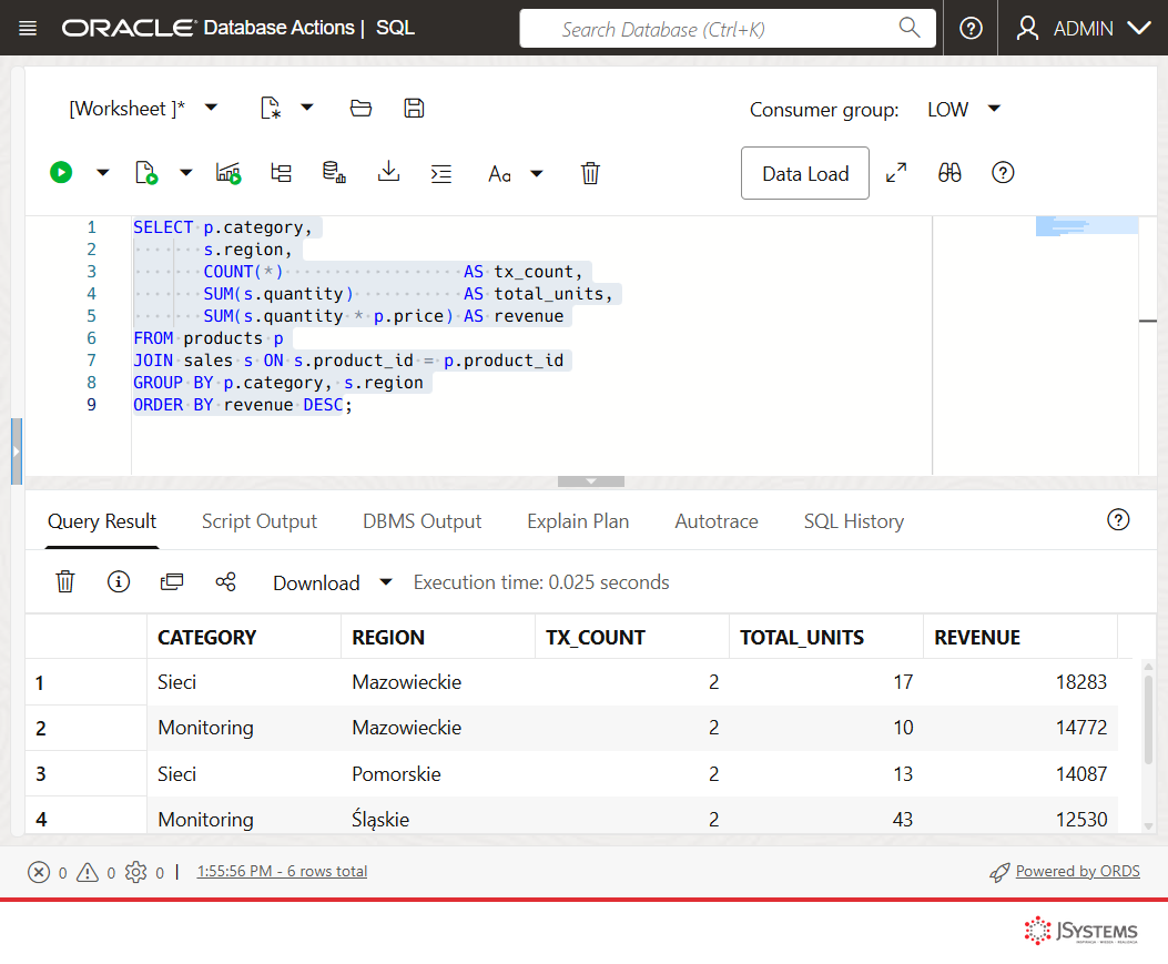Oracle Database 26ai w akcji: zapytanie SQL łączące tabele i grupujące wyniki oraz siatka wyników w narzędziu Database Actions