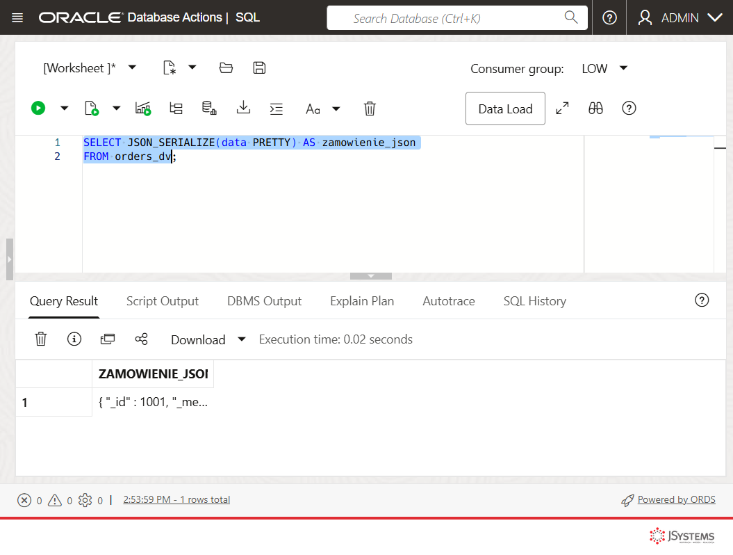 Zrzut z Oracle Database Actions: zapytanie do widoku dualnego orders_dv zwraca zamówienie jako dokument JSON